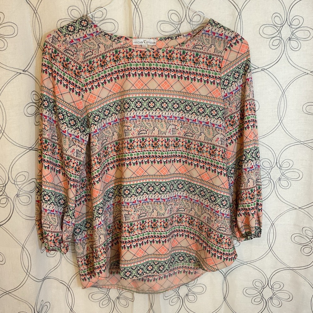 Women's Moa Moa Colorful Floral Blouse 3/4 Sleeve Size Small